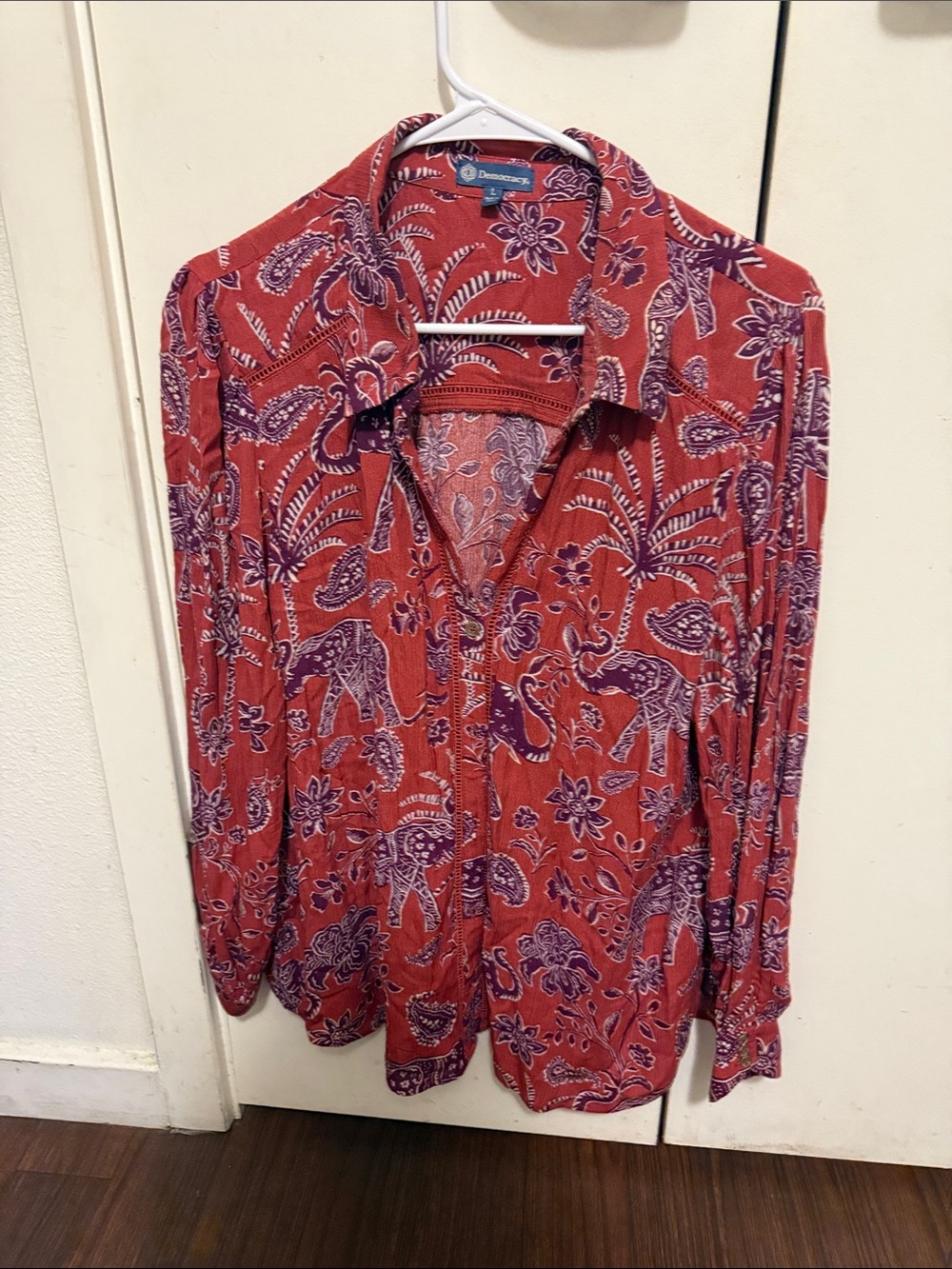 Democracy Coral-Red Shirt with Purple Floral & Elephant Print.